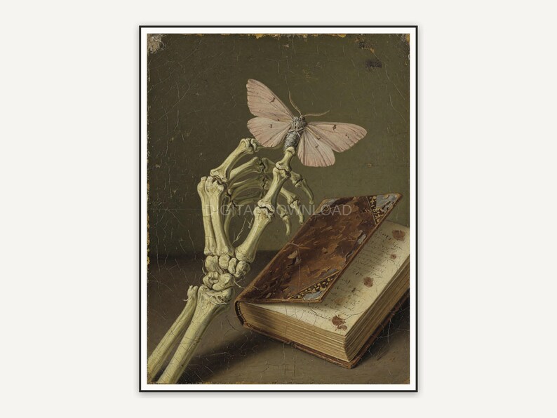 Vintage oil painting of skeletal hand with moth and book