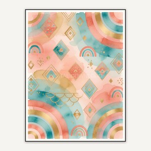 Seventh boho rainbow diamond print in coral teal and gold
