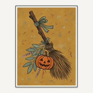 Witch broom pumpkin and sage illustration