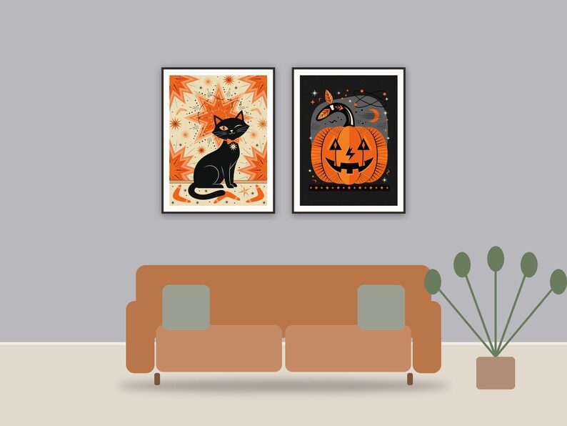 halloween decor printable art framed above a sofa in a styled living room