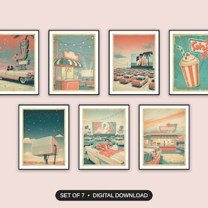 Set of 7 retro drive-in movie posters printable prints shown as a gallery wall