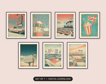 Retro Drive In Prints Set of 7 | Faded Summer Movie Poster Art | Labor Day Porch Decor Digital Download