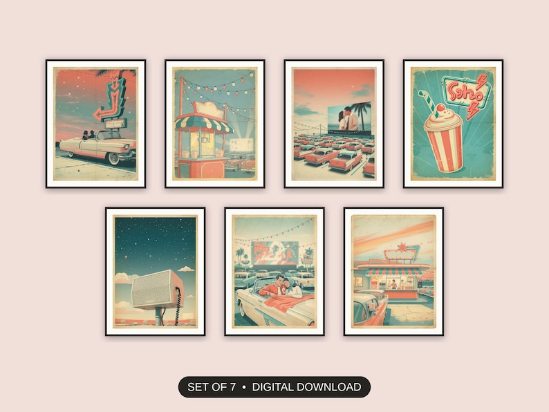 Set of 7 retro drive-in movie posters printable prints shown as a gallery wall