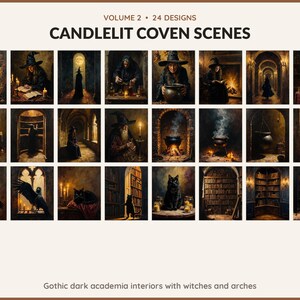 Volume 2 Candlelit Coven Scenes: 24 printable Halloween art designs, gothic dark academia interiors with witches and arches