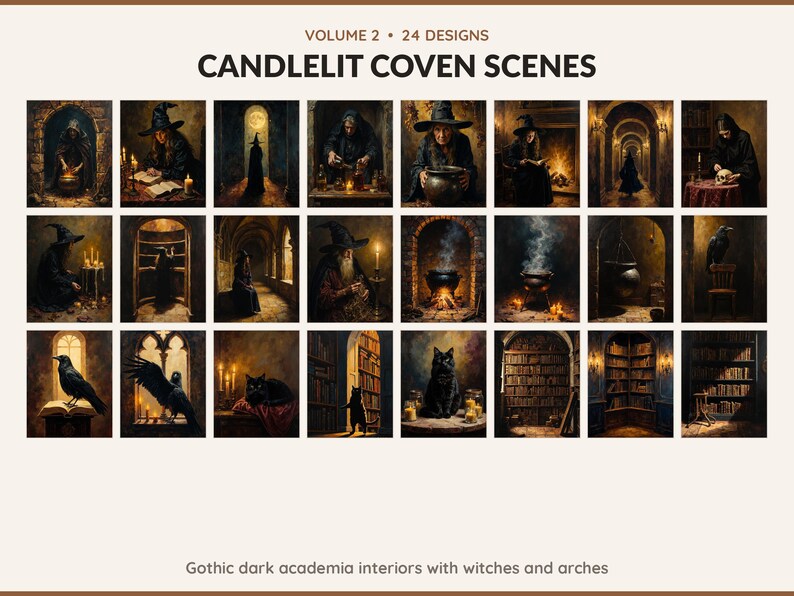 Volume 2 Candlelit Coven Scenes: 24 printable Halloween art designs, gothic dark academia interiors with witches and arches