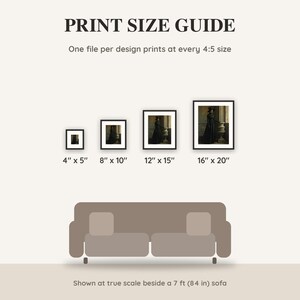 Print size guide showing 4x5, 8x10, 12x15 and 16x20 inch Halloween prints at true scale beside a sofa