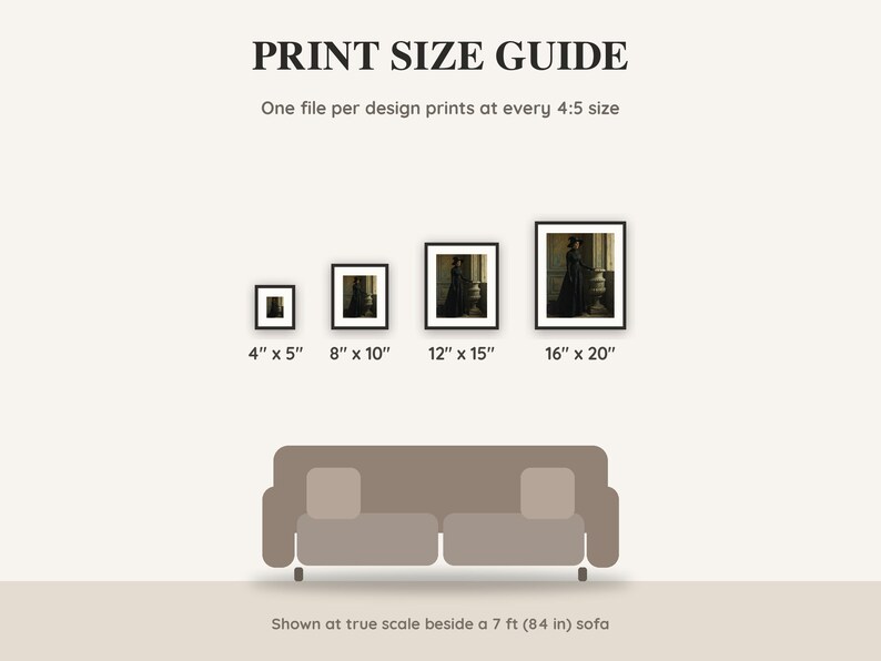 Print size guide showing 4x5, 8x10, 12x15 and 16x20 inch Halloween prints at true scale beside a sofa