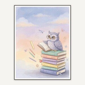 Watercolor owl perched on pastel books under soft sky