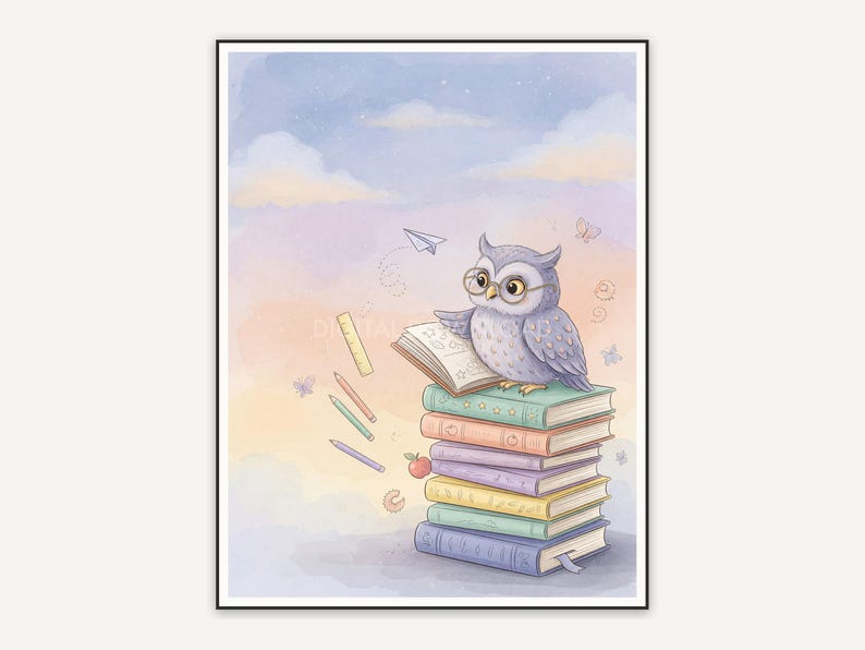 Watercolor owl perched on pastel books under soft sky