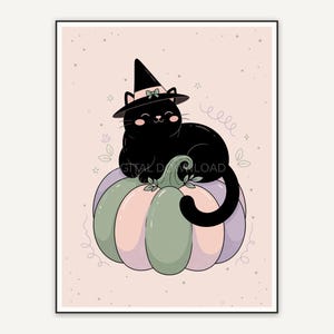 Black cat in witch hat on pastel pumpkin