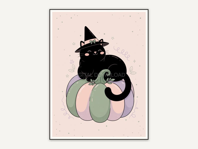 Black cat in witch hat on pastel pumpkin