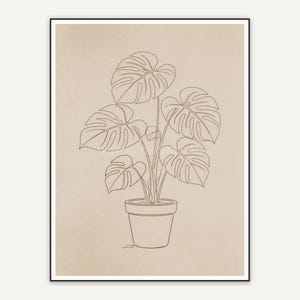 Single line monstera plant drawing in warm neutrals