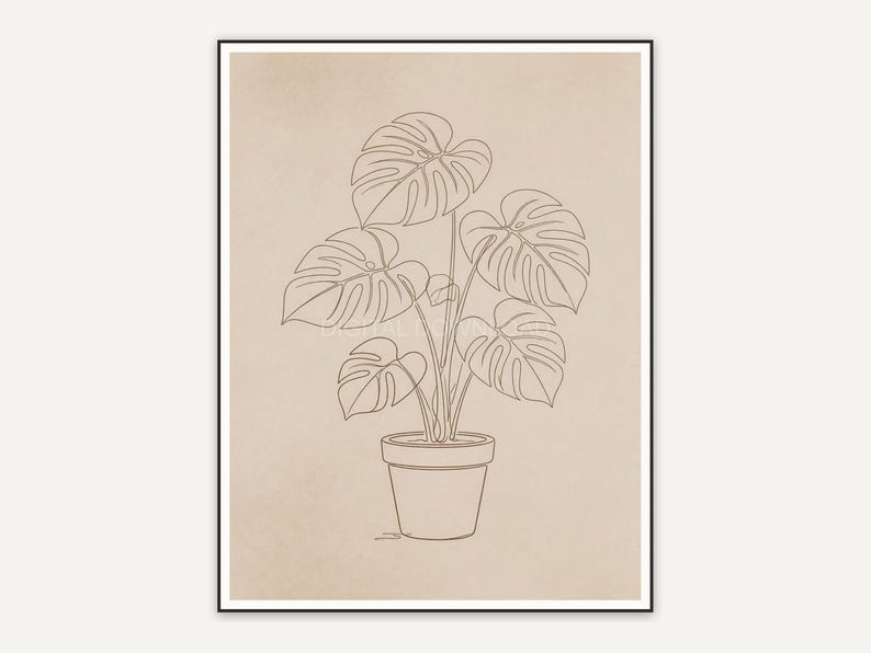 Single line monstera plant drawing in warm neutrals
