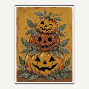 Whimsigoth primitive folk painting of stacked jack-o-lanterns with sage