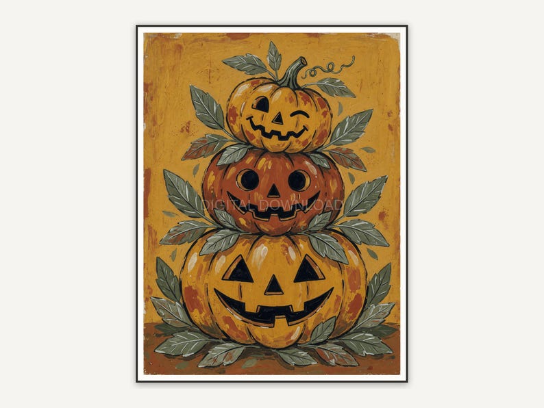 Whimsigoth primitive folk painting of stacked jack-o-lanterns with sage