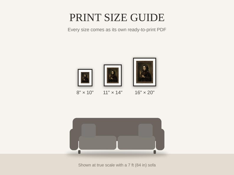 Print size guide showing 8x10, 11x14, and 16x20 framed prints at true scale beside a sofa