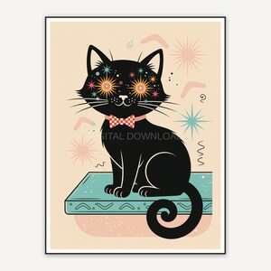 atomic black cat illustration in retro 1950s style
