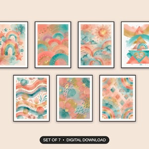 Set of 7 colorful rainbow learning icons printable prints shown as a gallery wall