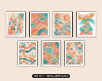 Boho Rainbow Classroom Prints Set of 7 | Colorful Learning Icons for Teachers | Back to School Digital Download