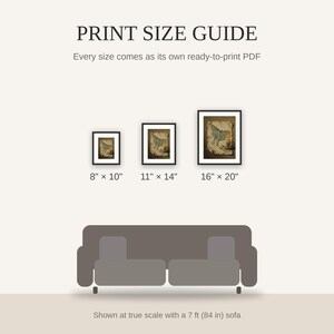 Print size guide showing 8x10, 11x14, and 16x20 framed prints at true scale beside a sofa