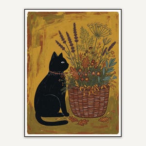Primitive folk black cat with autumn herbs in mustard and rust tones
