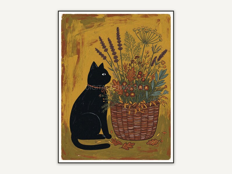 Primitive folk black cat with autumn herbs in mustard and rust tones