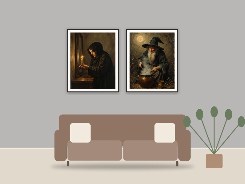 Shadowed Oil Studies printable art framed above a sofa in a styled living room