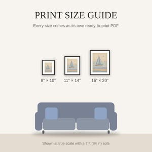 Print size guide showing 8x10, 11x14, and 16x20 framed prints at true scale beside a sofa