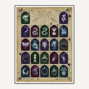 Coordinated spooky periodic table print in rich muted earth and jewel palette