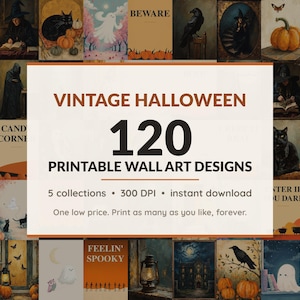 Halloween printable wall art mega bundle with 120 art prints in 5 collections: Mellow Oil Portraits, Shadowed Manor Studies, Mustard Hearth Motifs, Blush Phantom Friends, Diner Night Fields