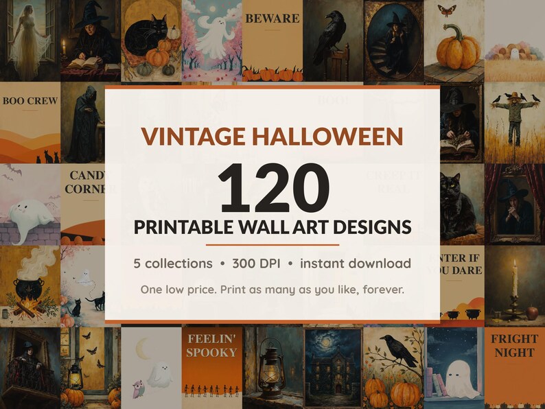Halloween printable wall art mega bundle with 120 art prints in 5 collections: Mellow Oil Portraits, Shadowed Manor Studies, Mustard Hearth Motifs, Blush Phantom Friends, Diner Night Fields