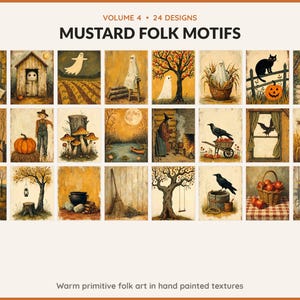 Volume 4 Mustard Folk Motifs: 24 printable Halloween art designs, warm primitive folk art in hand painted textures