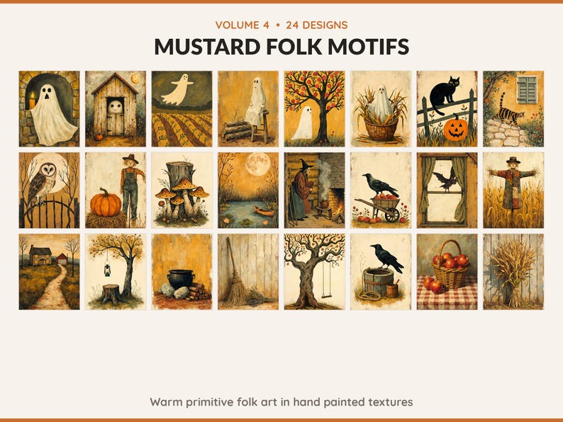 Volume 4 Mustard Folk Motifs: 24 printable Halloween art designs, warm primitive folk art in hand painted textures