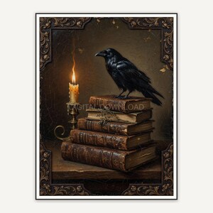 Raven perched on antique books beside candlelight