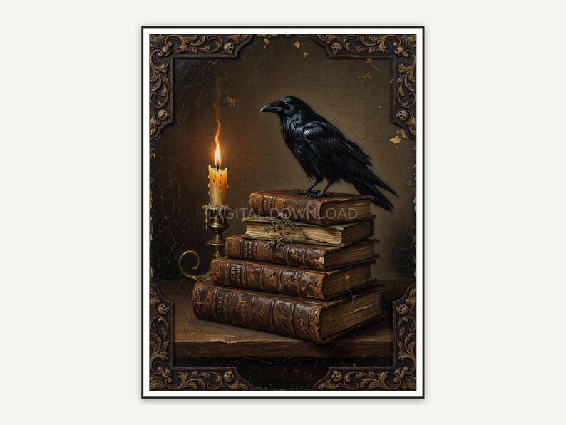 Raven perched on antique books beside candlelight