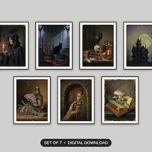 Set of 7 gothic halloween printable prints shown as a gallery wall