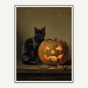 Vintage oil painting of black cat with glowing pumpkin