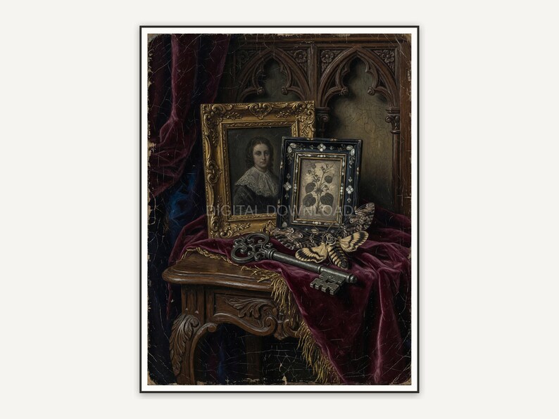 Skeleton key and moth on velvet table