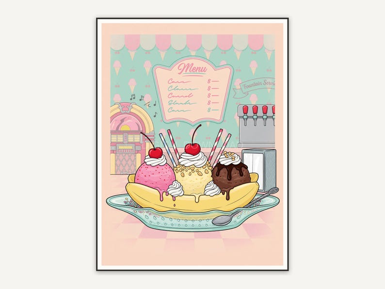 retro banana split dish print