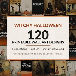 Halloween printable wall art mega bundle with 120 art prints in 5 collections: Sepia Witch Portraits, Candlelit Coven Scenes, Mustard Folk Witches, Blush Phantom Friends, Night Poster Fields