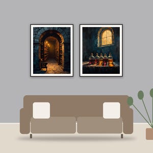 Candlelit Arch Studies printable art framed above a sofa in a styled living room