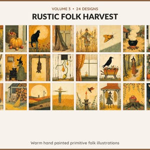 Volume 3 Rustic Folk Harvest: 24 printable Halloween art designs, warm hand painted primitive folk illustrations