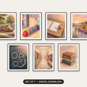 Set of 7 vintage school bus art printable prints shown as a gallery wall