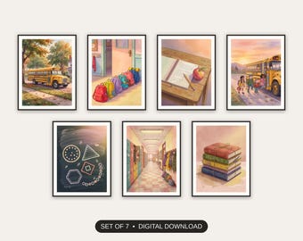 Vintage School Bus Prints Set of 7 | Retro Classroom Scenes for Kids Rooms | Back to School Digital Download