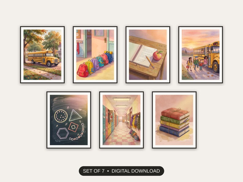 Set of 7 vintage school bus art printable prints shown as a gallery wall