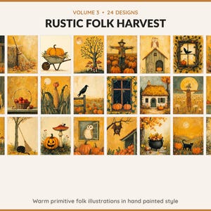Volume 3 Rustic Folk Harvest: 24 printable Halloween art designs, warm primitive folk illustrations in hand painted style