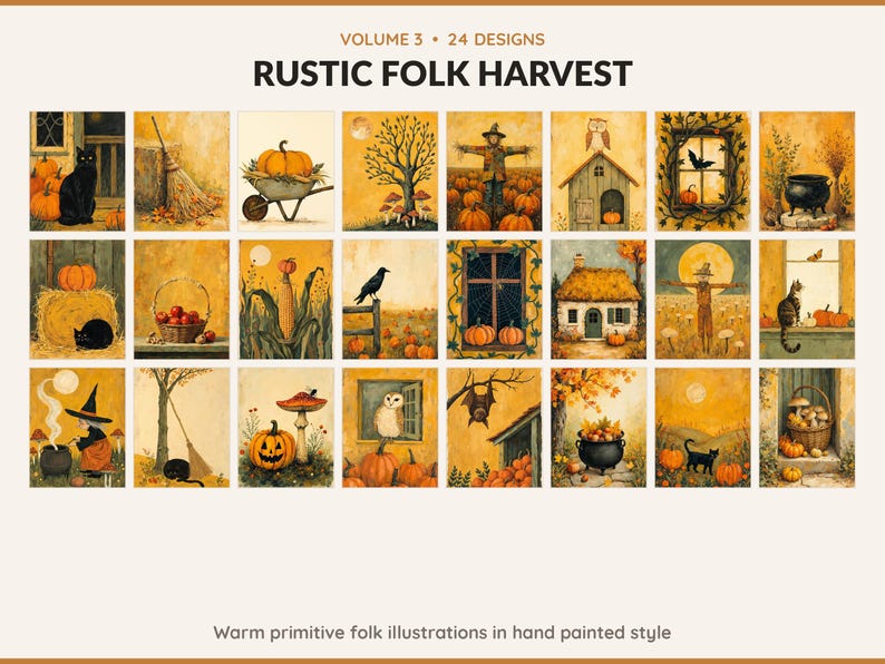 Volume 3 Rustic Folk Harvest: 24 printable Halloween art designs, warm primitive folk illustrations in hand painted style