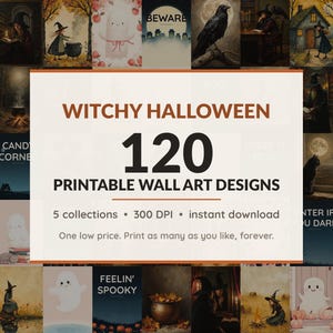 Halloween printable wall art mega bundle with 120 art prints in 5 collections: Impasto Witch Studies, Candlelit Witch Studies, Rustic Folk Witchcraft, Pastel Ghost Companions, Midnight Poster Fields