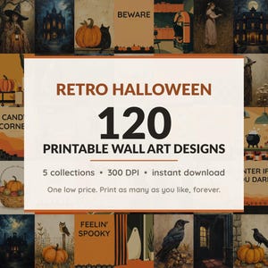 Halloween printable wall art mega bundle with 120 art prints in 5 collections: Atomic Diner Prints, Sepia Lantern Portraits, Candlelit Manor Scenes, Rustic Hearth Folk, Cream Field Lettering