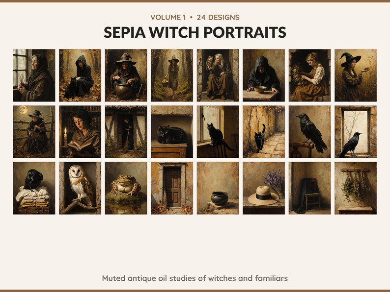 Volume 1 Sepia Witch Portraits: 24 printable Halloween art designs, muted antique oil studies of witches and familiars